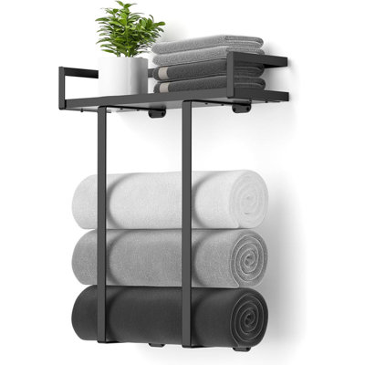Modern Bathroom Wall Shelf with Towel Bar - Black Metal Frame and Black Metal Shelves, Spa-Like Floating Organizer for Rolled Towels, Toiletries & Decor (Small, black)
