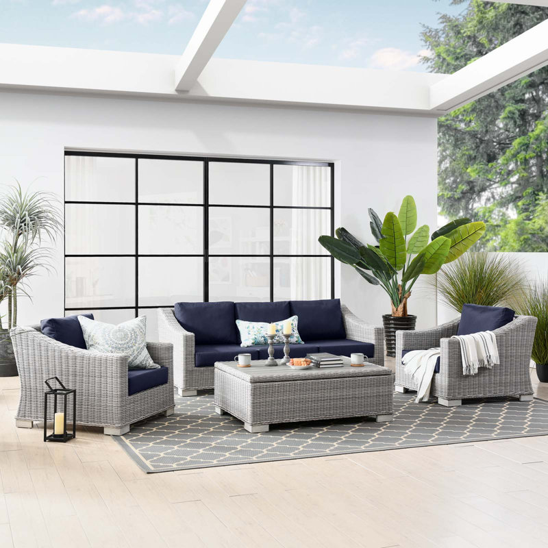 Modway Conway 4-Piece Outdoor Patio Wicker Rattan Furniture Set, Navy