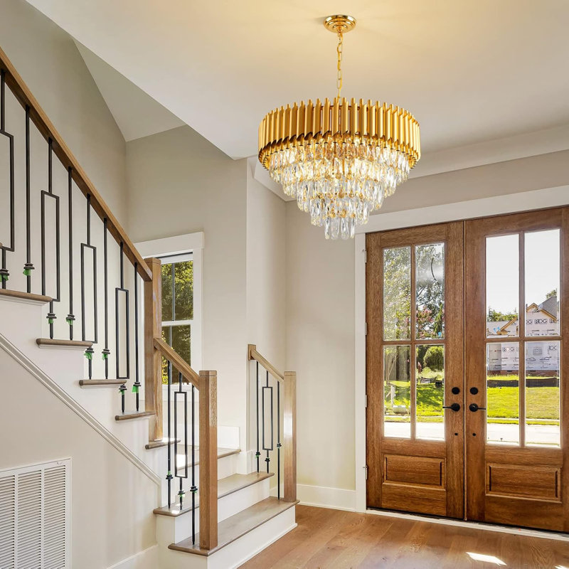 23.6" Modern Gold Round Tiered Crystal Chandelier, E14 Base (Bulb Not Included)