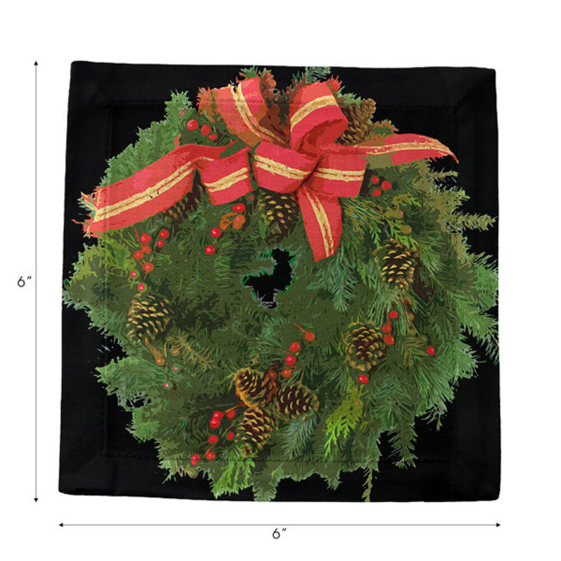 Christmas Wreath Cotton Sateen Cocktail Napkins, Black