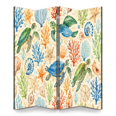 4 panneaux de paravents pliables Royal Sea Turtles, corail, coquillages, couleurs vibrantes, toile, séparateur de pièce, cloison de protection autoportante, cloison d'intimité pour salle de bain