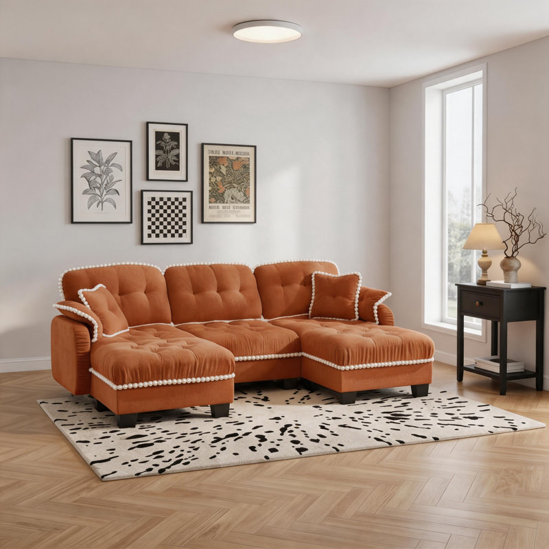 Canapé en forme de U en chenille avec repose-pieds et 4 coussins, Chenille orange, H 35 po x l 100 po x P 32 po