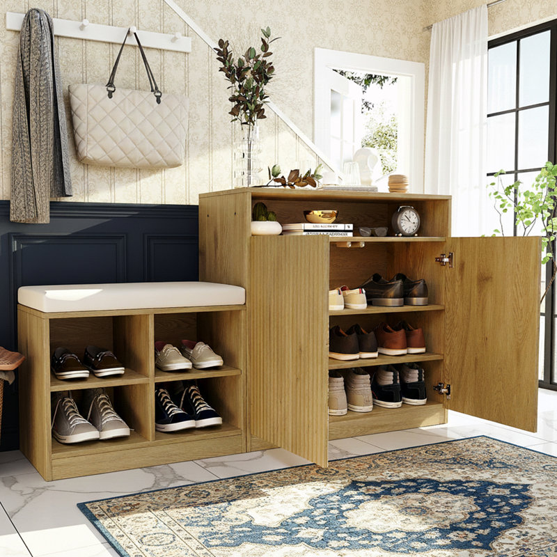 3-Tier Adjustable Shelves Shoe Cabinet With Bench And Removeble Cushion And Hooks, Natural