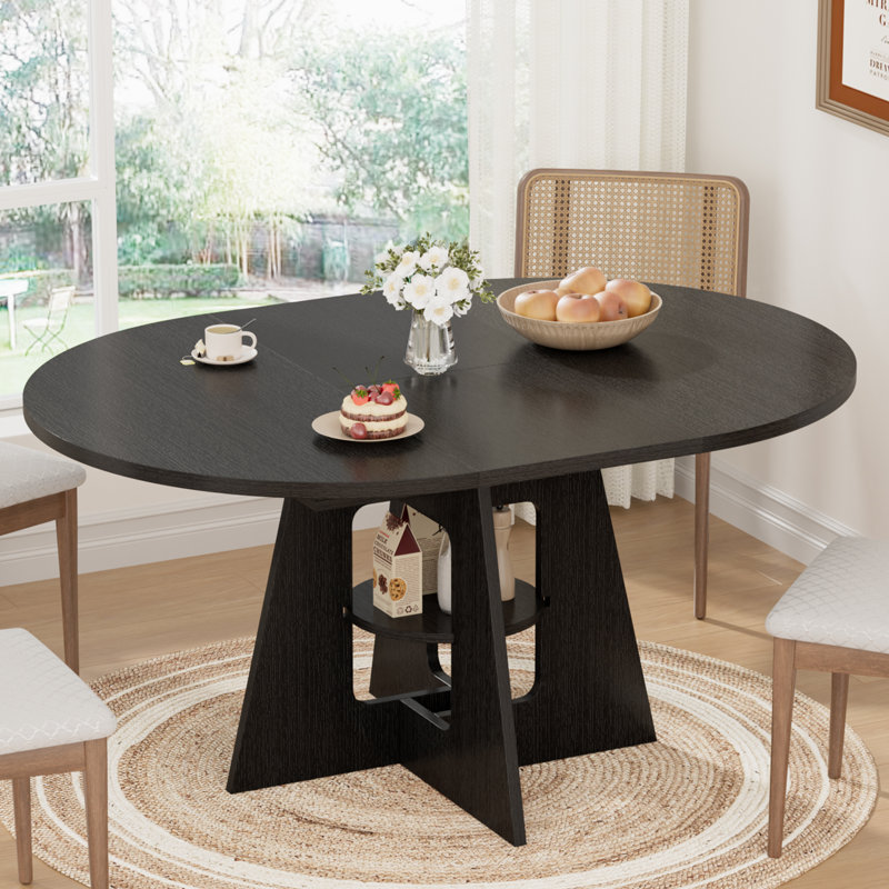 Extendable Dining Table for 8, Space-Saving Extendable Kitchen Table, Round Dining Table with Hidden Storage, Dining Room Table WIth Thickened Solid Wood Top, Black