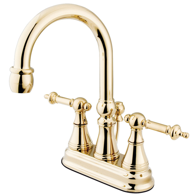 Kingston Brass Templeton Two-Handle 3-Hole Deck Mount 4" Centerset Bathroom Faucet with Brass Pop-Up, Polished Brass