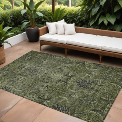 Tapis extérieur lavable damassé vert olive et gris anthracite 9 pi x 12 pi