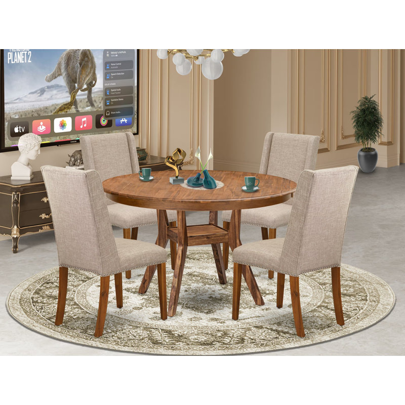L'ensemble de table de salle à manger 5 pièces comprend une table de cuisine et 4 chaises de salle à manger en tissu de lin brun clair avec dossier rembourré - noyer antique