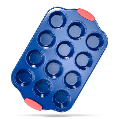 Moule à 12 muffins - Revêtement antiadhésif bleu de luxe à l'intérieur et à l'extérieur avec poignées en silicone rouge, compatible avec les modèles: NCSBSBL10, NCSBSBL8, NCSBSBL6 (bleu)