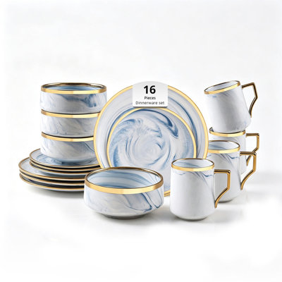 HomeVSS Fine China Artisan Marbled Dinnerware Set with Gold Rim, 16-Piece Set for 4