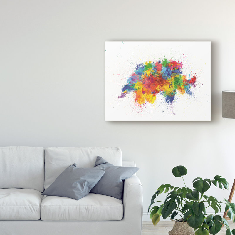 « switzerland paint splashs map », peinture sur toile tendue, H 14 po x l 19 po x P 2 po