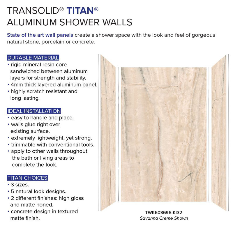 Transolid Titan Shower Wall Kit, 96" H x 64" W x 36" D, Savanna Creme Glossy