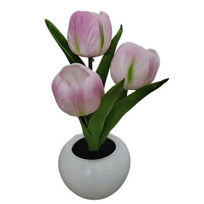 LED Tulip Night Light Table Lamp with Vase - 3-Branch Simulated Flower Decor - Battery Operated Fairy Accent Light for Bedroom/Living Room Desktop - Gift for Women