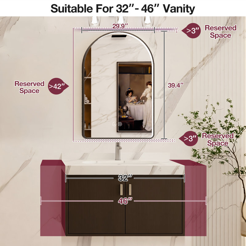 Miroir de salle de bain 40 po x 30 po à DEL, miroir de salle de bain anti-buée, 40 po x 30 po, Noir mat