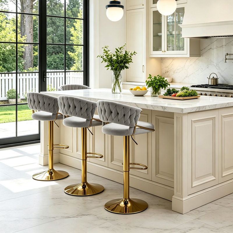 Christal Swivel Upholstered Adjustable Height Counter Stool, Gray, Gold
