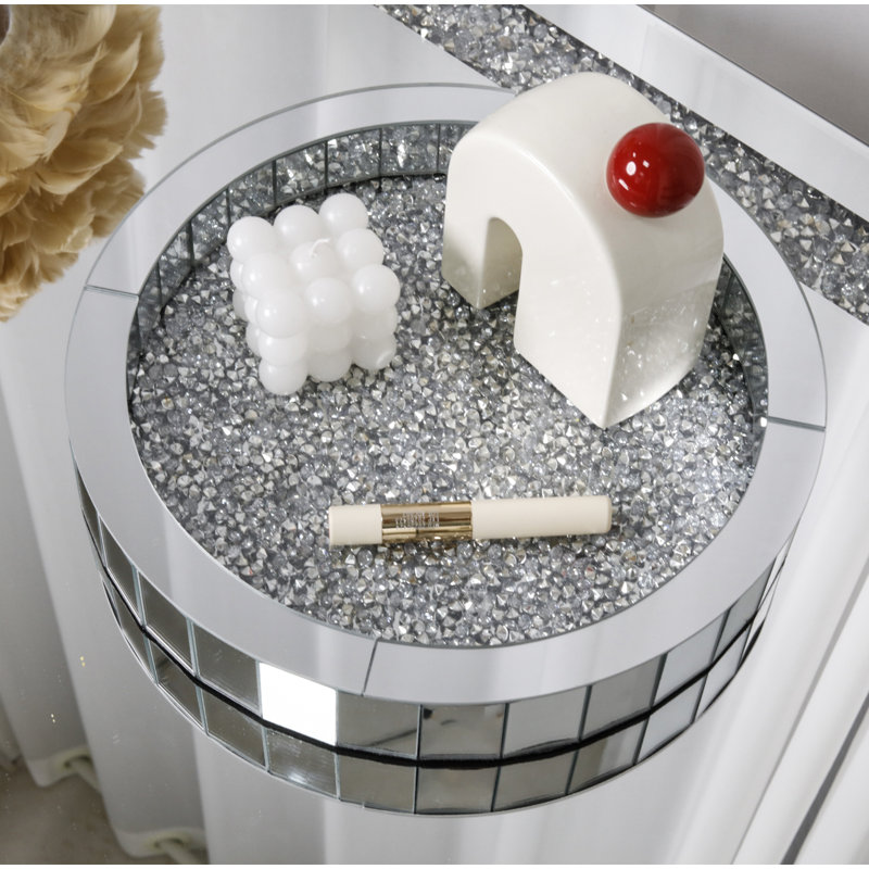 Decorative Crushed Diamond Tray Round Glass Silver Mirrored Tray Organizer