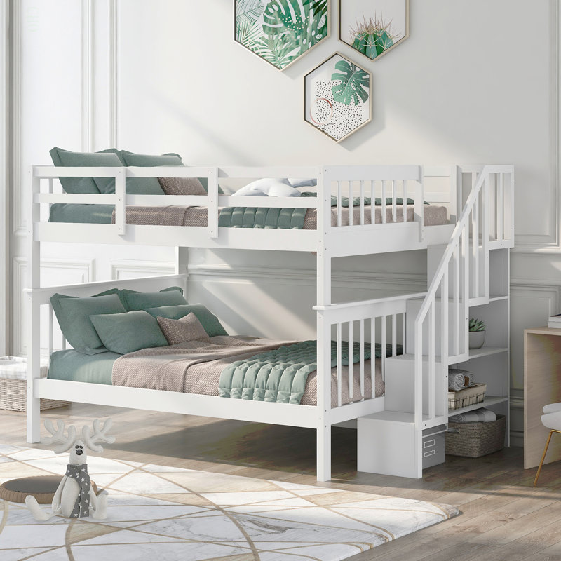 Lit superposé en escalier avec rangement et garde-corps pour chambre à coucher