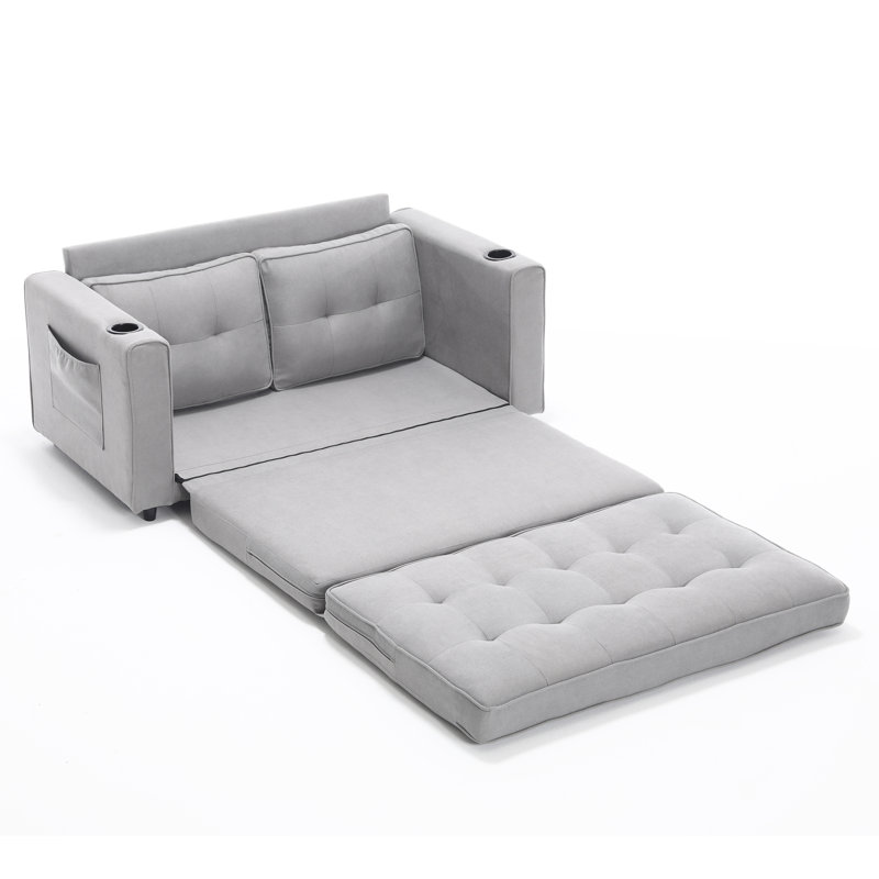 3-In-1 Upholstered Futon Sofa Convertible Sofa Bed,Foldable Tufted Loveseat With Pull Out Sleeper Couch Bed,Folding Mattres Love Seat Daybed W/Side Pockets And Cup Holder, Light Gray
