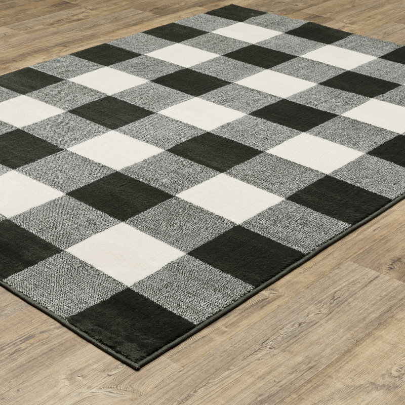Tapis en polypropylène tissé à la machine Gingham gris anthracite / blanc cassé, Rectangle 9 pi 10 po x 12 pi 10 po