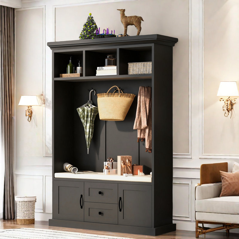 Ehrenfried  Hall Tree With Coat Rack, Storage Bench, 2 Drawers, 2 Cabinets And 3 Open Shelves, Black