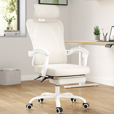 Chaise de bureau ergonomique avec repose-pieds, chaise de bureau en filet avec appui-tête, chaise d'ordinateur à haut dossier avec support lombaire réglable pour la chambre d'étude de bureau à domicile, beige