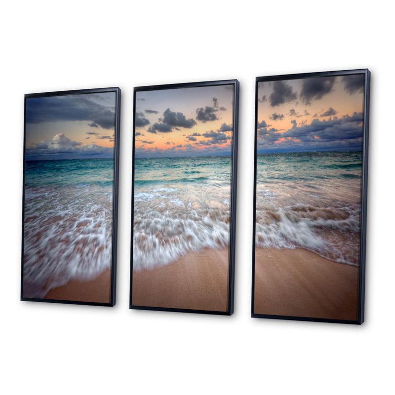Waves Crashing Serene Seashore - ensemble d'art mural sur toile encadré Sea & Shore, H 28 po x l 36 po x P 1 po, Cadre noir