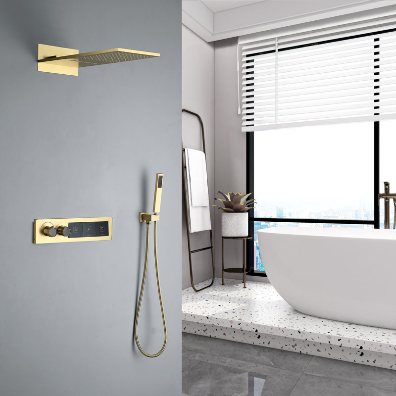 3 systèmes de douche thermostatiques fonctionnels avec boutons-poussoirs, Or brossé