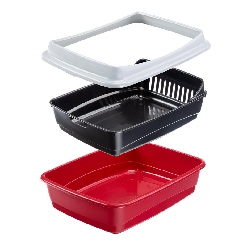 Red Plastic Open Cat Litter Box with Sieve and Guard