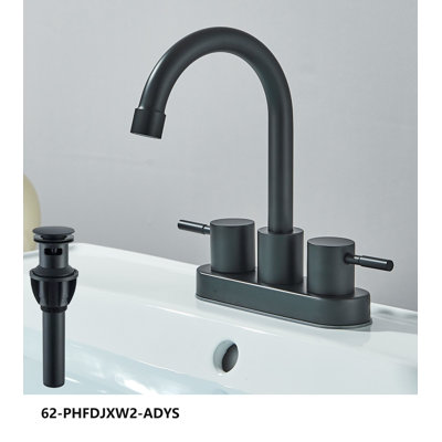 Robinet de lavabo Mosson moderne noir mat à 2 trous avec poignées en T et bonde de vidange escamotable en plastique