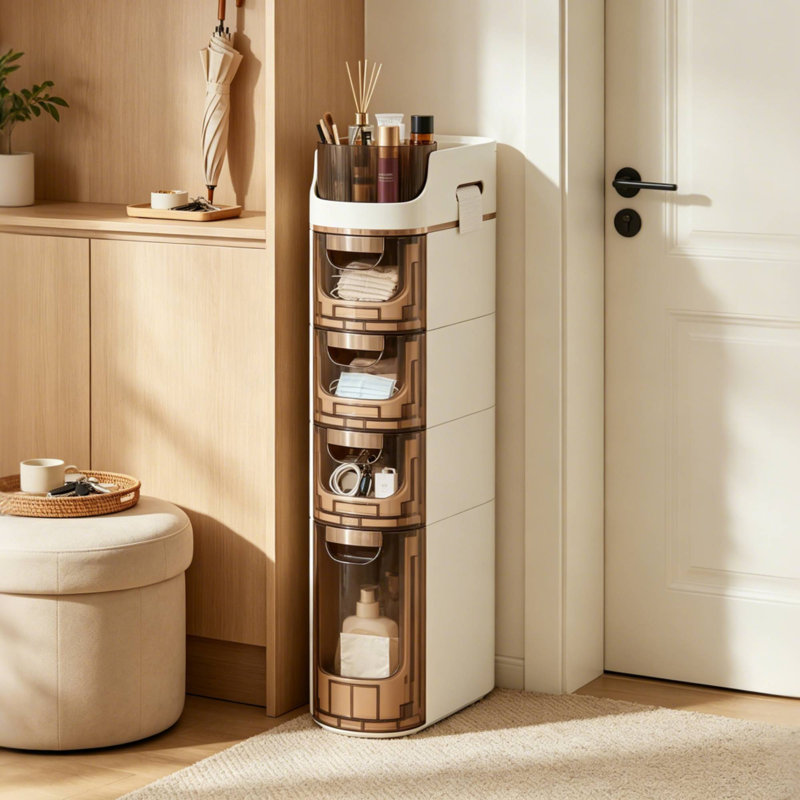 4-Tier Slim Storage Drawer Cart, Narrow Storage Organizer with Wheels, Multi-Purpose Storage Container for Small Spaces, Bathroom, Kitchen, Bedroom, Laundry Room, Cosmetics, Household Essentials