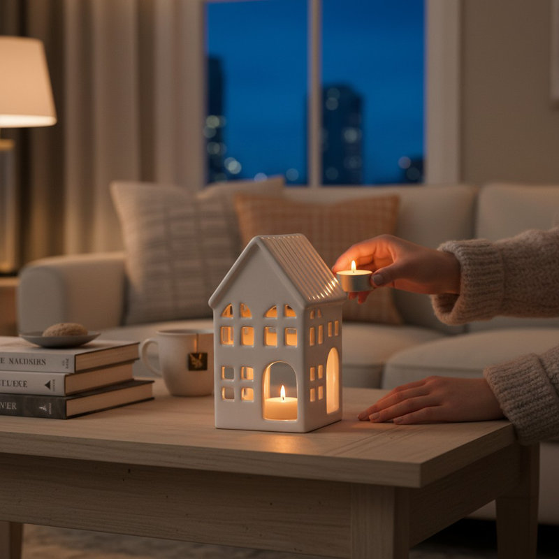 Cream Ceramic House Tealight Holder | Hand Finished Cosy Townhouse Design Decorative Candle Holder for Home Interior