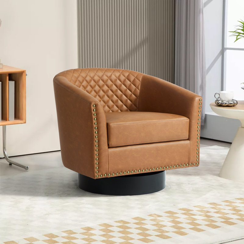 Petit fauteuil pivotant rembourré en similicuir et capitonné avec garniture cloutée, Café