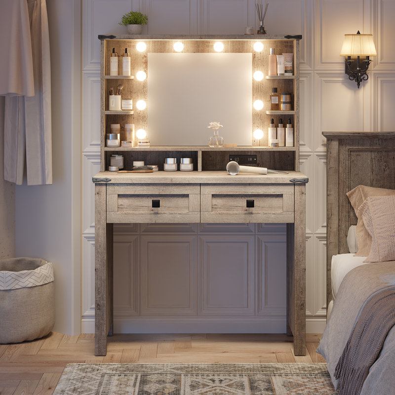 Vanity Desk With Mirror And Lights 31.5" W Farmhouse Makeup Vanity Desk With Charging Station And 2 Drawers & Shelves 3 Color Modes Adjustable, Stool Not Included