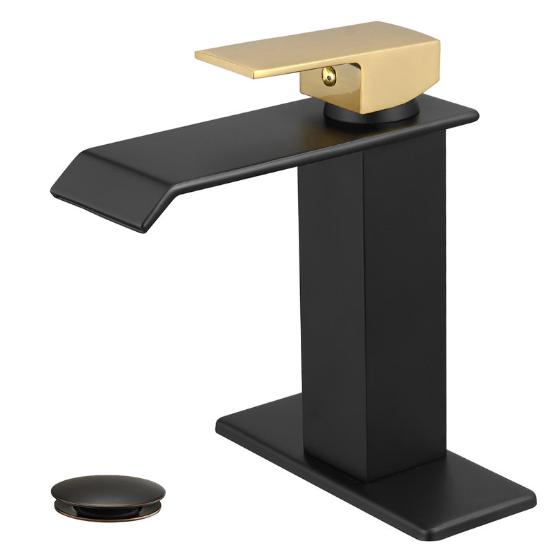 Robinet de salle de bain à un trou avec drain, Noir / or
