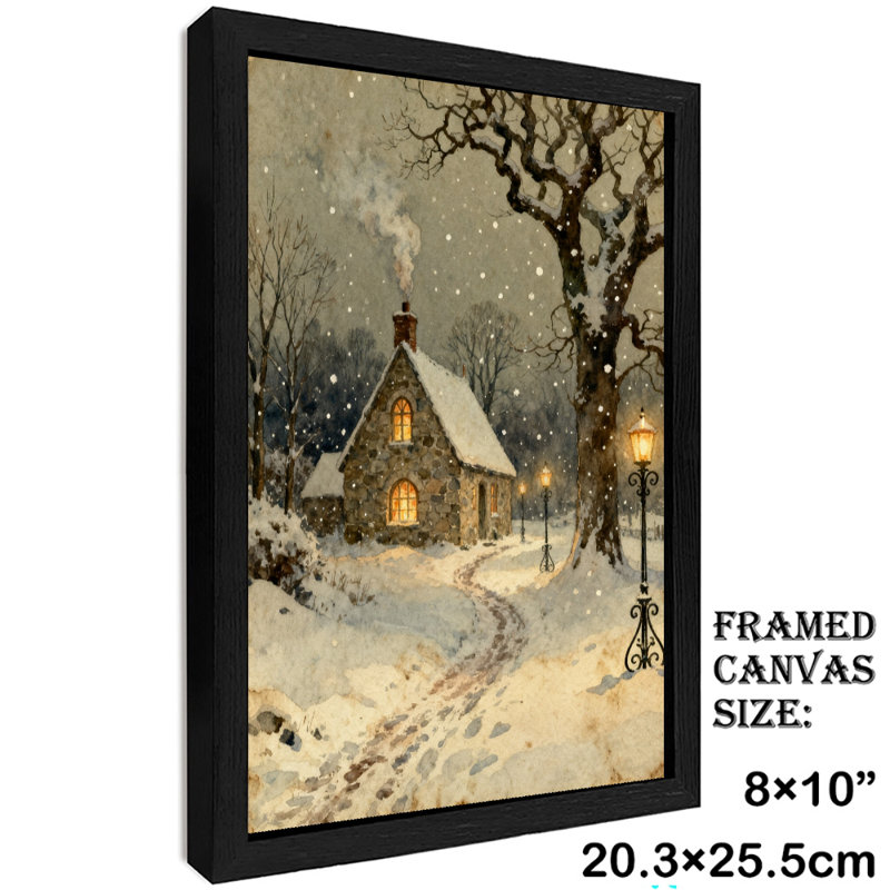 Aquarelle encadrée noire, village de Noël avec arbres enneigés, impressions de style rétro, H 11 po x l 9 po