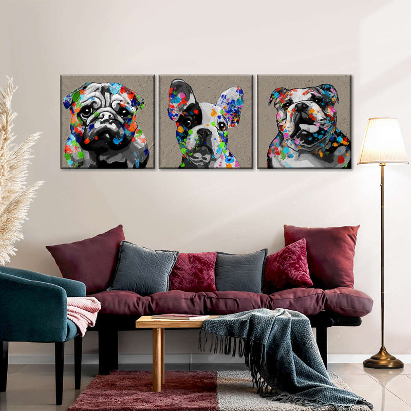 Bulldogs on Canvas, reproduction de 3 pièces, H 110 po x l 36 po x P 1,25 po