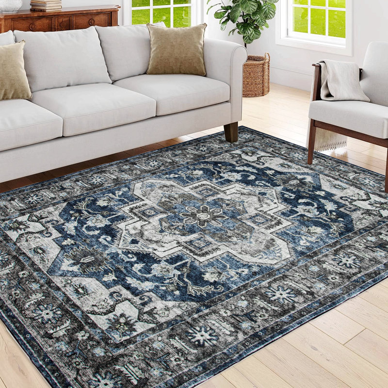 Area Rug,  5X7 Vintage Bohemia Non-Slip Washable Rug For Living Room Kitchen Bedroom Living Room Flower Design Blue/Brown