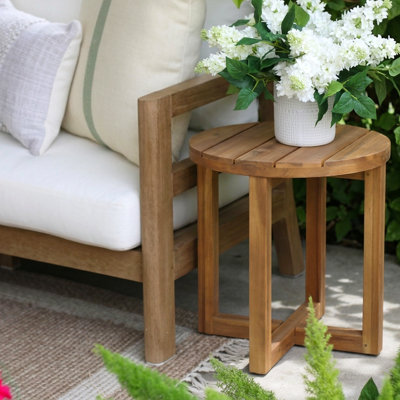 Coralia Acacia Wood Round Outdoor Side Table - Weather Resistant Patio End Table with Cross-Stretcher Base