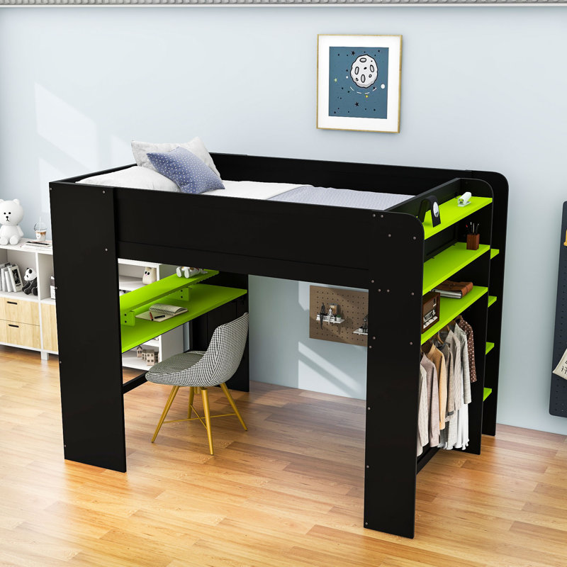 Full Wood Bunk Bed With Desk,Wardrobe And RGB Light, Green