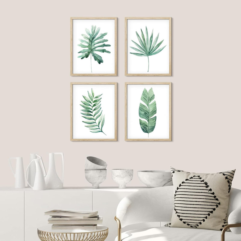 «Pastel Green Tropical Forest Jungle Plants», ensemble de 4 impressions murales encadrées sur papier, 4 pièces, Naturel