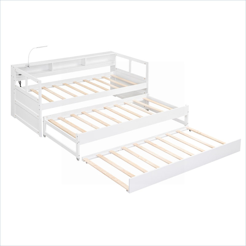 Storage-Focused Multi-Function Solid Wood Twin XL Platform Daybed with Trundles, Storage Cubbies and USB Charging, White-toned