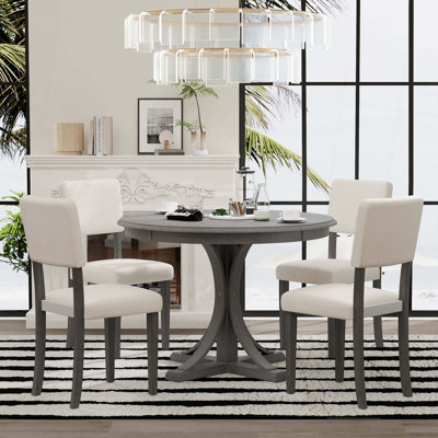 5-Piece Retro Round Dining Table Set with Curved Trestle Style Table Legs and 4 Upholstered Chairs for Dining Room by Lark Manor