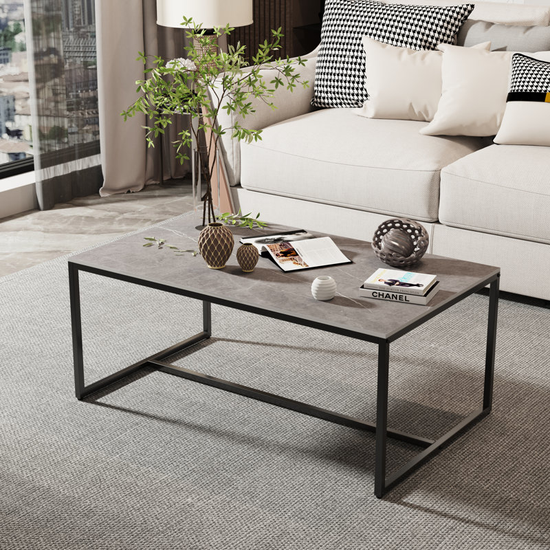 Marble Coffee Table Rectangle Sintered Stone Top Side End Table With Metal Frame, Grey