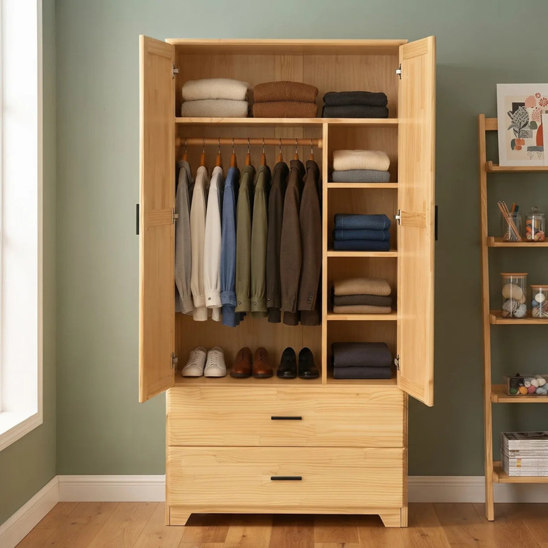 Armoire en bois massif avec 2 tiroirs en vernis naturel, Vernis naturel