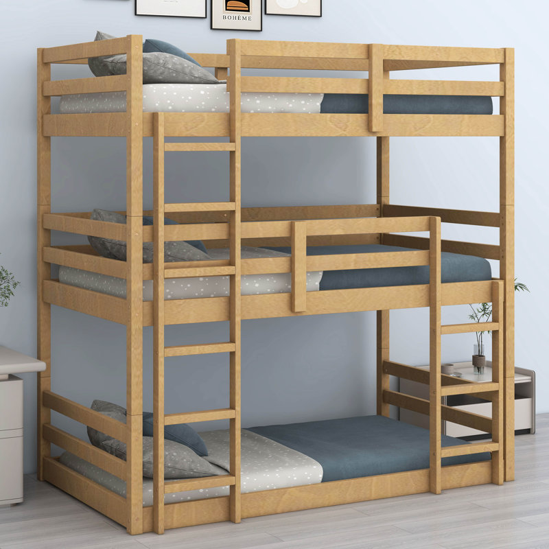 Twin Over Twin Over Twin Rubber Wood Triple Bunk Bed – Two Built-In Ladders, Guardrails & Detachable Design, Natural