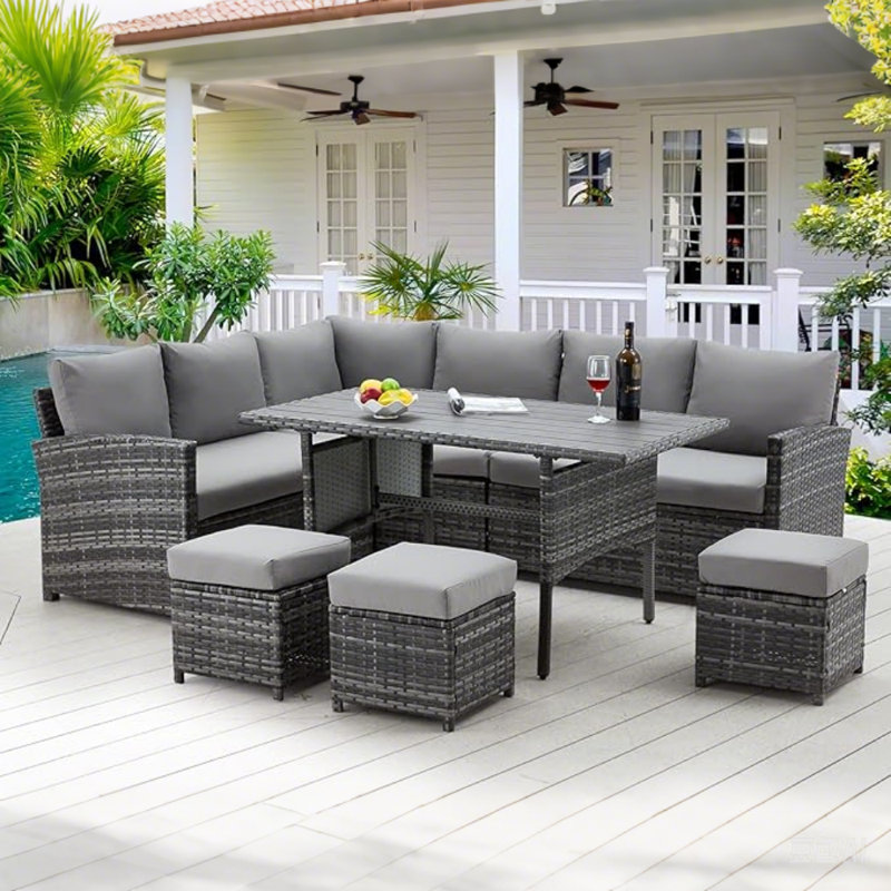 Hinesville 7 Piece Rattan Lounge Dining with Cushions, Grey Frame/Grey Cushion