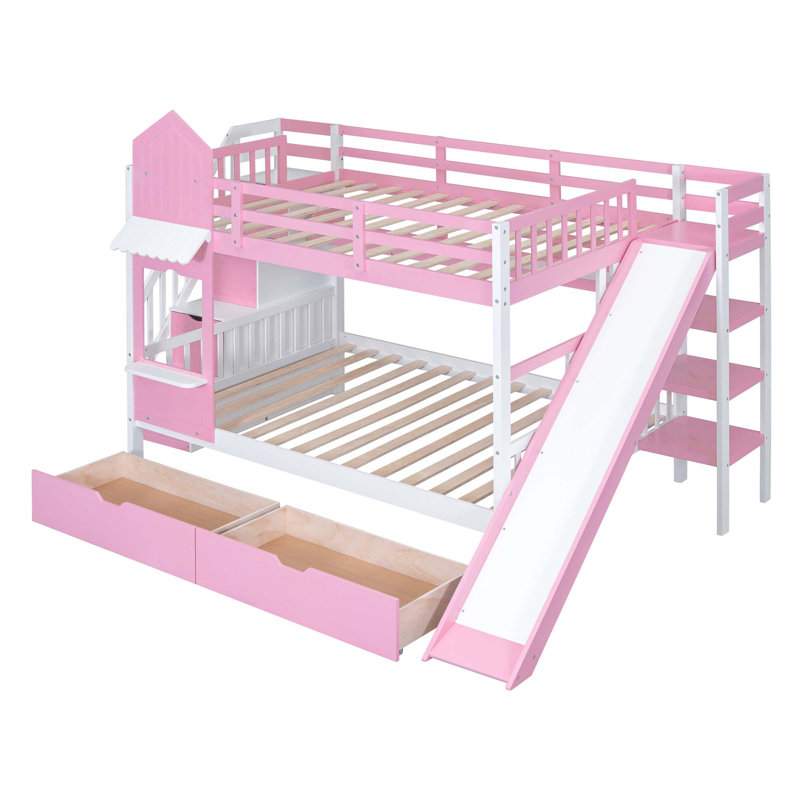 Lit superposé de style château avec 2 tiroirs, 3 tablettes et glissade, Lit double, Rose