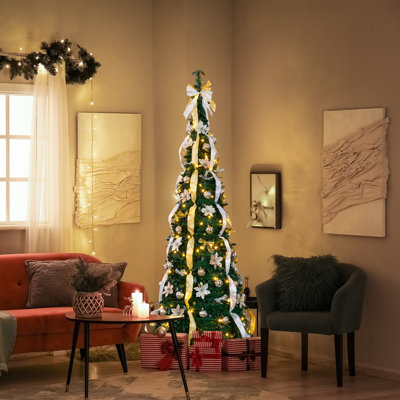 7FT Pop Up Lighted Artificial Christmas Tree With  Godlen & Silver Ornaments Holiday Decoration