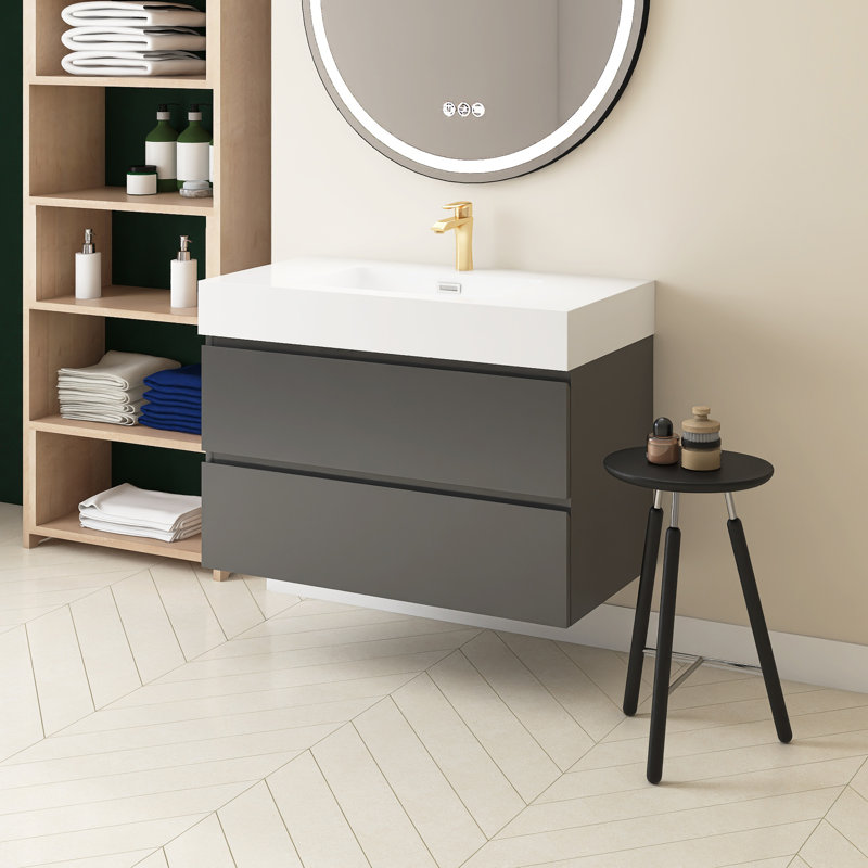 Meuble-lavabo simple 36 po avec plateau Semyah, Blanc, Gris
