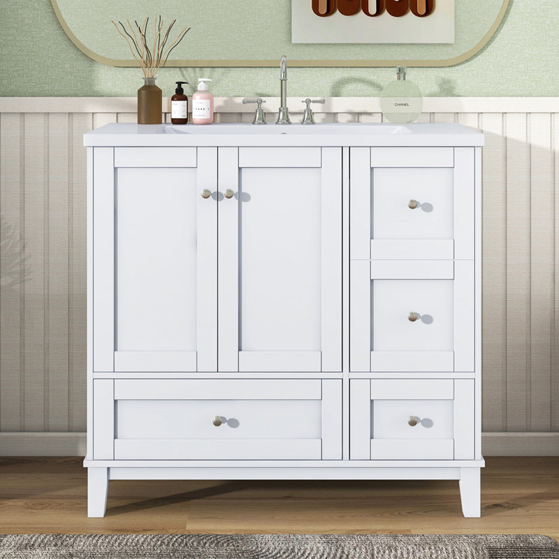 Meuble-lavabo moderne de 36 pouces avec chargement USB, deux portes et trois tiroirs avec meuble-lavabo, petit meuble-lavabo avec lavabo simple