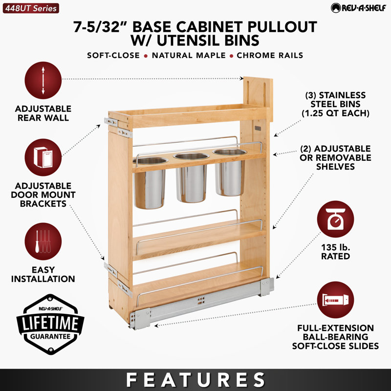 Wood Base Cabinet Utensil Pullout Organizer W/ Soft-Close, 7.12" W